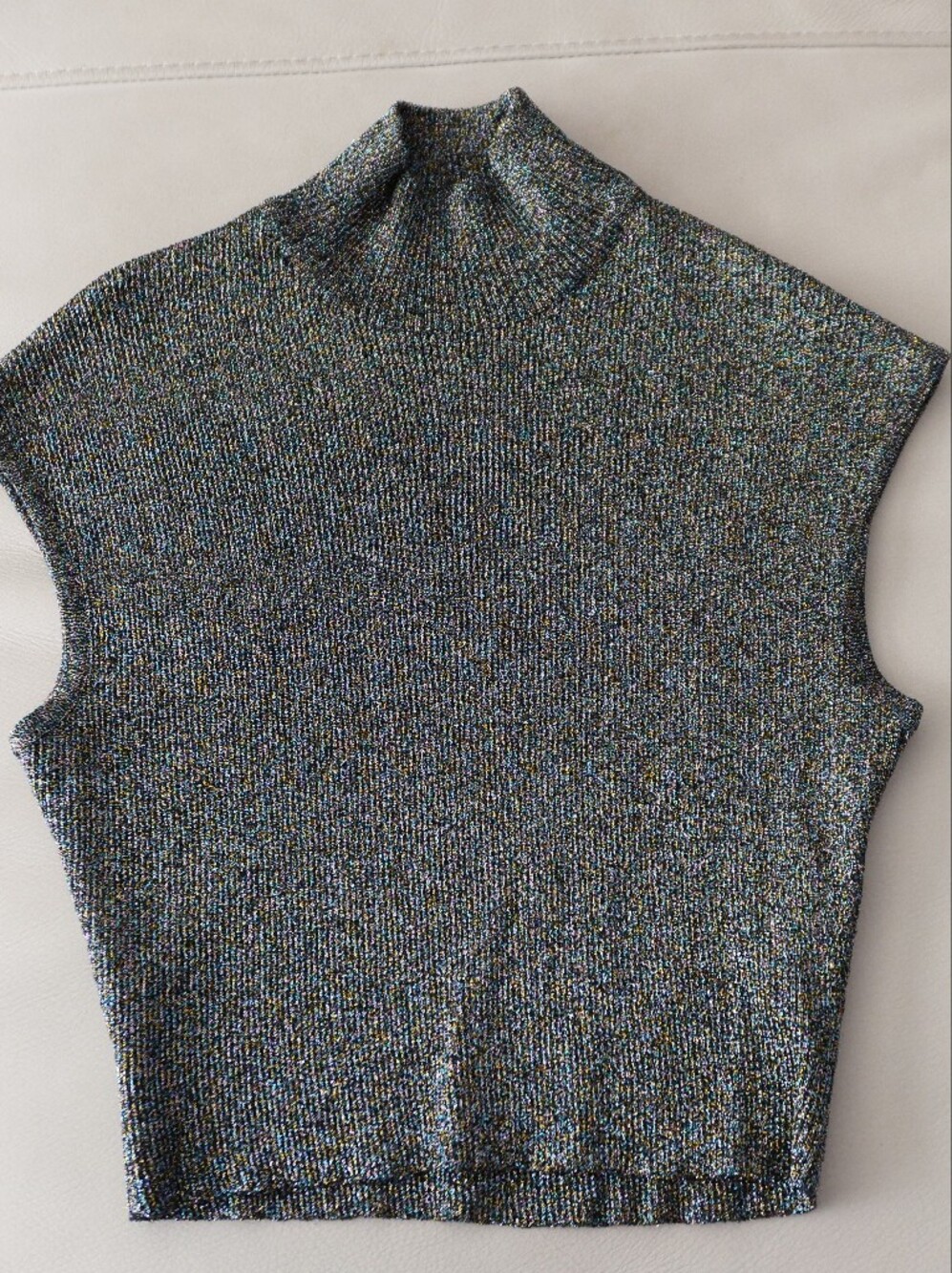Shimmery Black Short-Sleeve Turtleneck Crop Top
